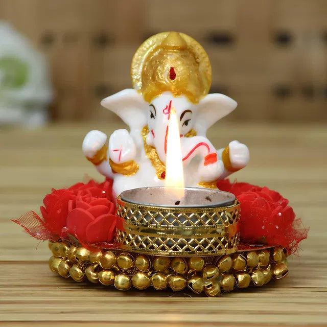 Lord Ganesha Idol on Decorative Plate with Tea Light Holder – Home & Pooja Décor