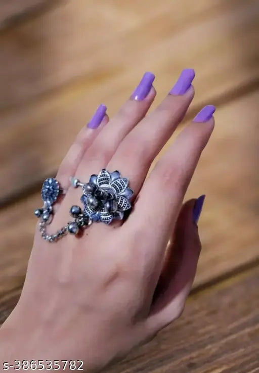 Beautiful Oxidized Silver Double Ring – Stylish Floral Statement Ring for Women