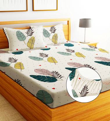 Premium Leaf Print Fitted Bedsheet – Stretchable & Easy-Fit.