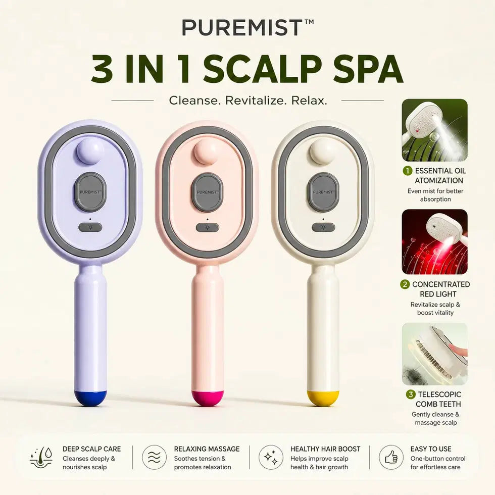 3-in-1 Electric Scalp Massager – Scalp Spa & Hair Care Brush – Essential Oil Mist, Red Light Therapy & Relaxing Scalp Care