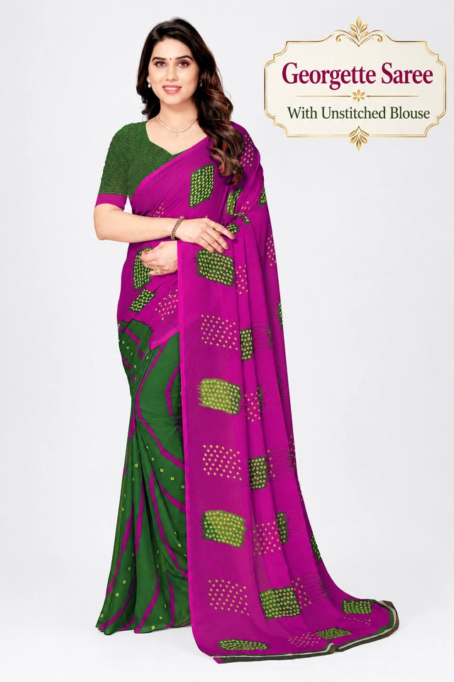 Pink & Green Georgette Saree with Unstitched Blouse