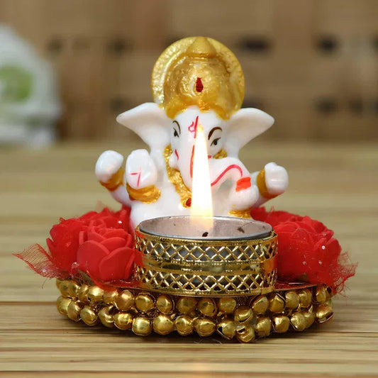 Lord Ganesha Idol on Decorative Plate with Tea Light Holder – Home & Pooja Décor